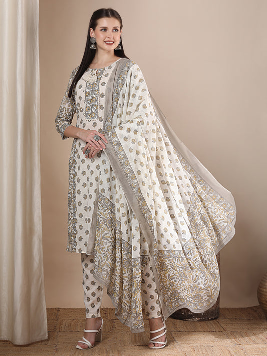 Floral Block Printed & Embroidered Straight Cut Kurta with Pant & Dupatta - Off White