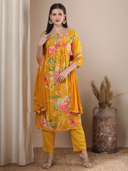 Abstract Floral Printed Embroidered A-Line Pleated Kurta with Pant and Dupatta - Mustard