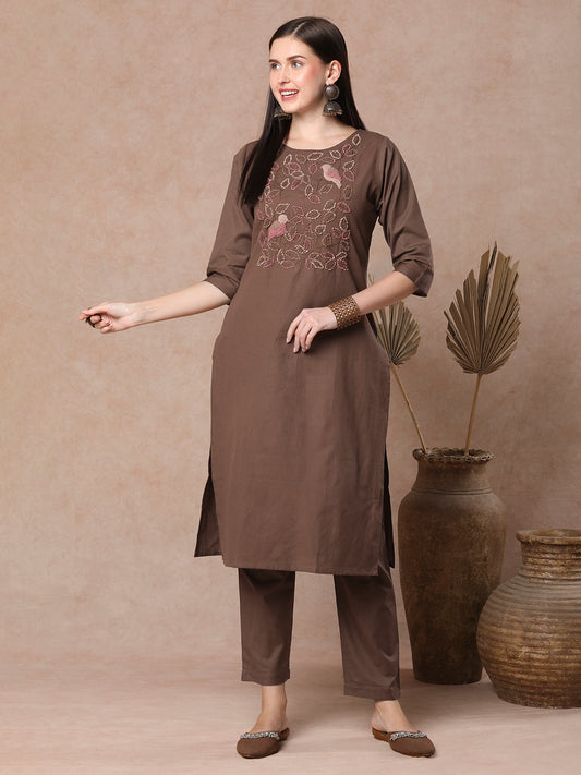 Solid Floral Hand Embroidered Straight Fit Co-ord Set - Brown