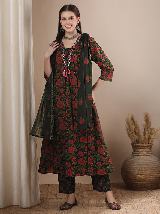 Ethnic Floral Printed Embroidered A-Line Kurta with Pant and Dupatta - Green