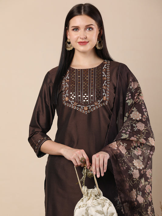 Solid Ethnic Mirror Embroidered Straight Fit Kurta with Pant and Printed Dupatta - Brown