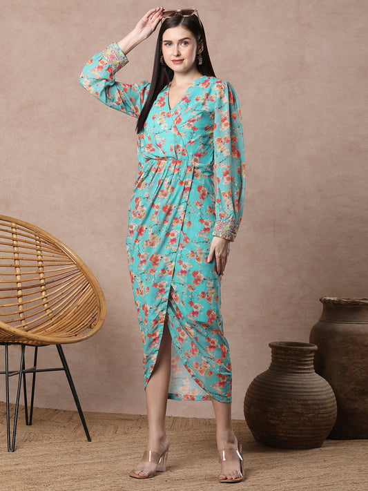Floral Printed & Embroidered Cowl Pleated Midi Dress - Turquoise Blue