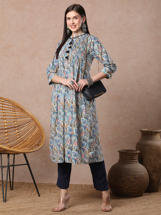 Ethnic Paisley Printed & Pin Tucked A-Line Flared Cotton Kurta - Blue