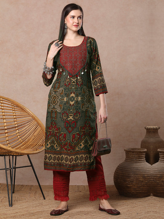 Ethnic Floral Printed & Cross Stitch Embroidered Straight Fit Kurta - Grey