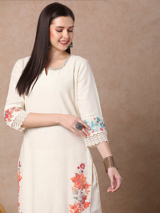 Solid Floral threadwork Embroidered Straight Kurta with Pant - Off White