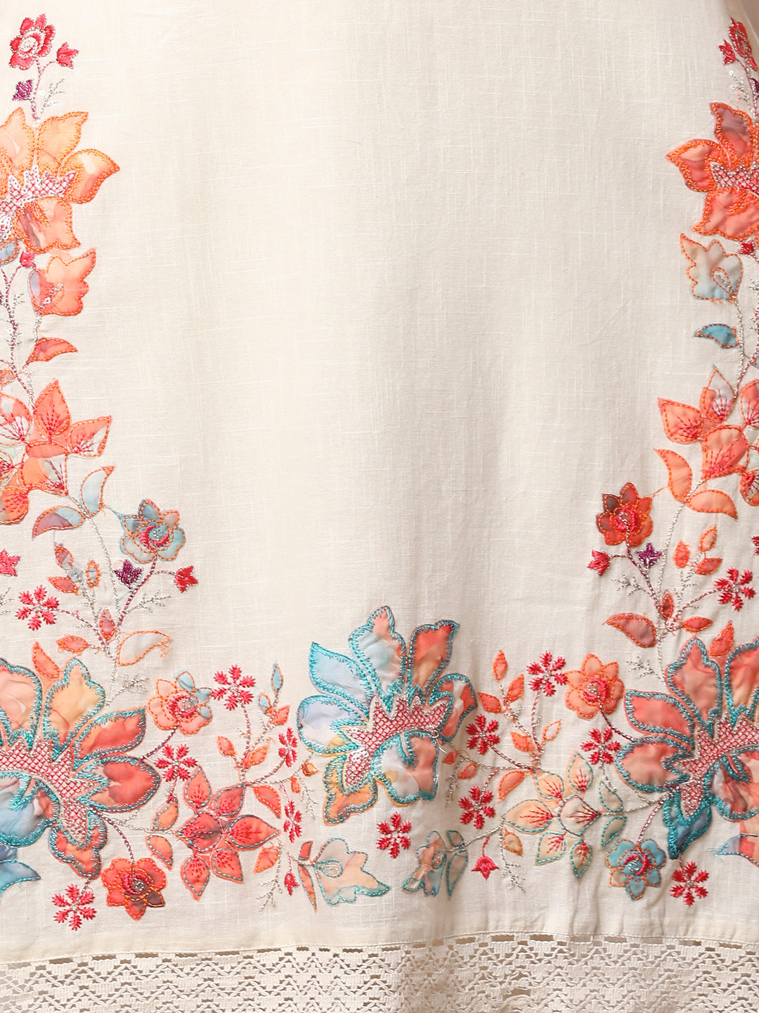 Solid Floral threadwork Embroidered Straight Kurta with Pant - Off White