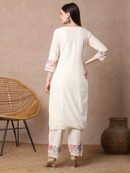 Solid Floral threadwork Embroidered Straight Kurta with Pant - Off White