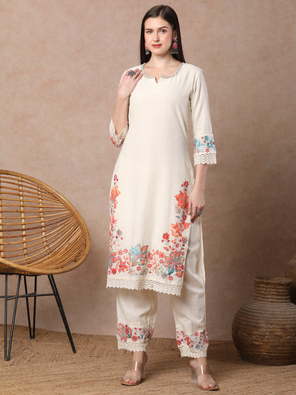 Solid Floral threadwork Embroidered Straight Kurta with Pant - Off White