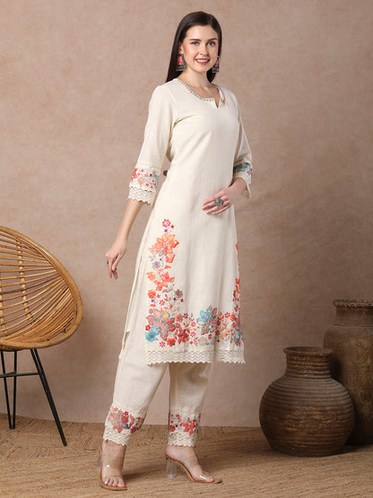 Solid Floral threadwork Embroidered Straight Kurta with Pant - Off White