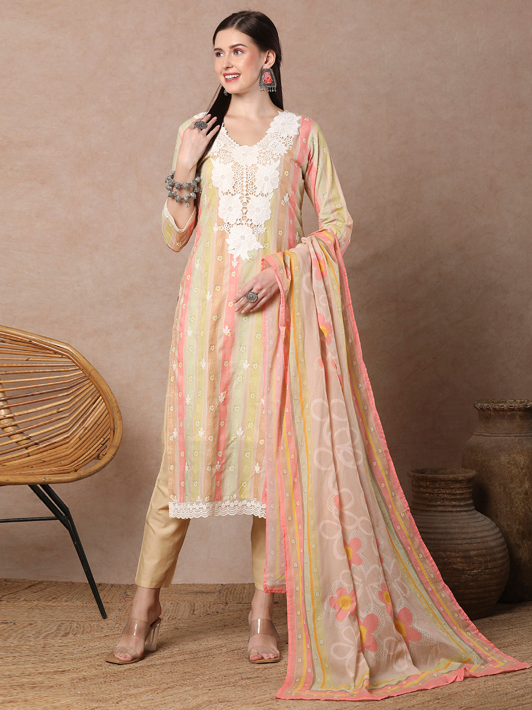 Ethnic Floral & Printed & Embroidered Straight Fit Kurta with Pant & Dupatta - Mutli