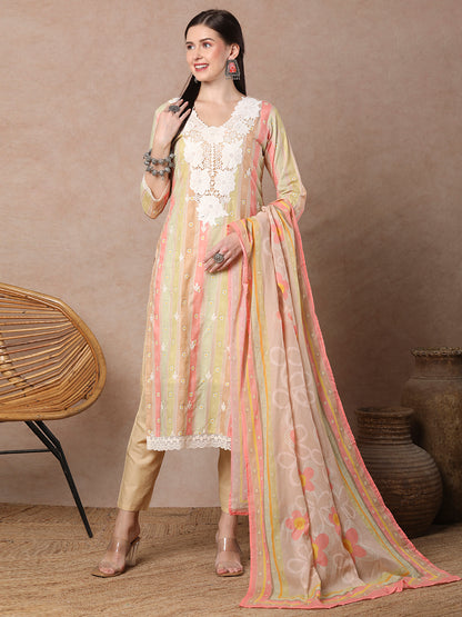 Ethnic Floral & Printed & Embroidered Straight Fit Kurta with Pant & Dupatta - Mutli