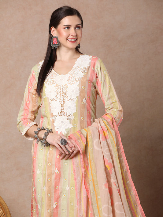Ethnic Floral & Printed & Embroidered Straight Fit Kurta with Pant & Dupatta - Mutli