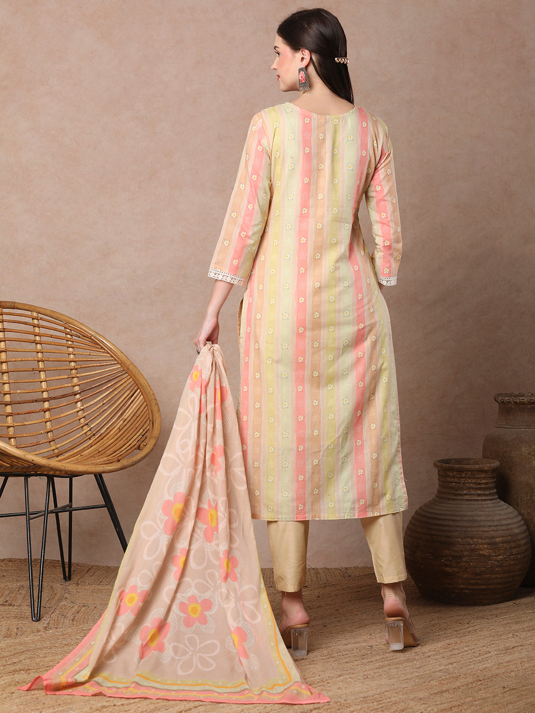 Ethnic Floral & Printed & Embroidered Straight Fit Kurta with Pant & Dupatta - Mutli