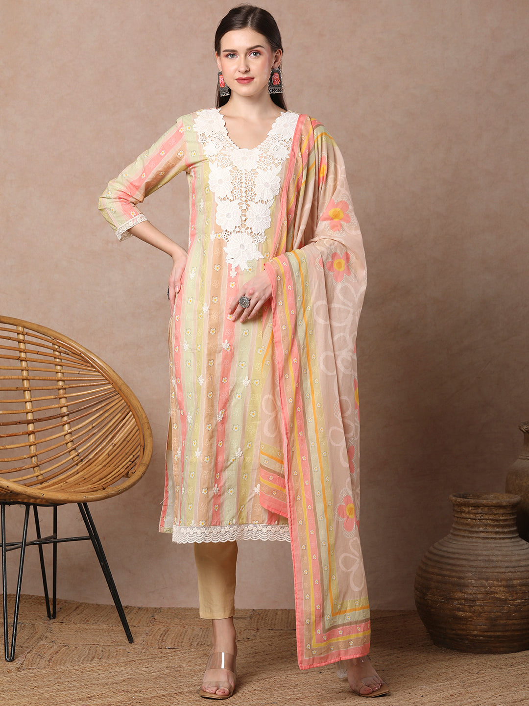 Ethnic Floral & Printed & Embroidered Straight Fit Kurta with Pant & Dupatta - Mutli