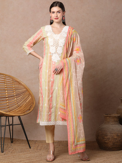 Ethnic Floral & Printed & Embroidered Straight Fit Kurta with Pant & Dupatta - Mutli