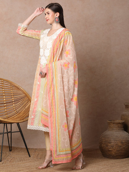 Ethnic Floral & Printed & Embroidered Straight Fit Kurta with Pant & Dupatta - Mutli