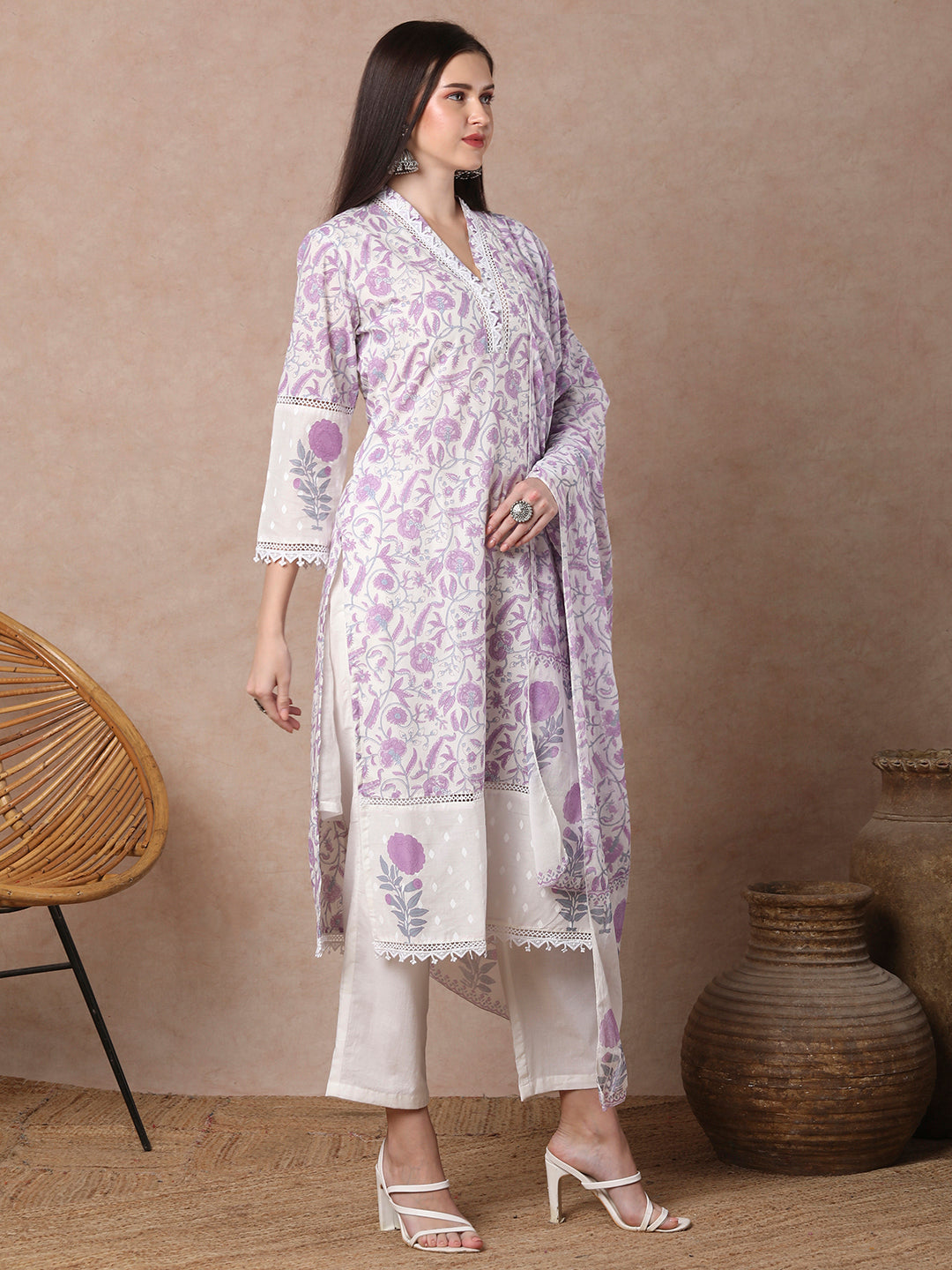 Floral Block printed Straight Kurta with Pant & Dupatta - Purple