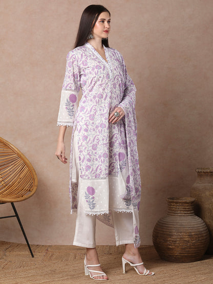 Floral Block printed Straight Kurta with Pant & Dupatta - Purple