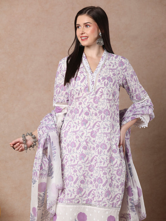 Floral Block printed Straight Kurta with Pant & Dupatta - Purple