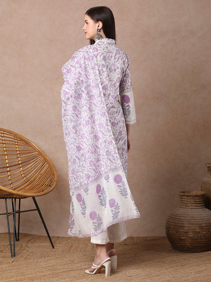 Floral Block printed Straight Kurta with Pant & Dupatta - Purple
