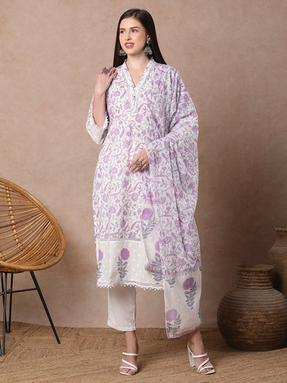 Floral Block printed Straight Kurta with Pant & Dupatta - Purple