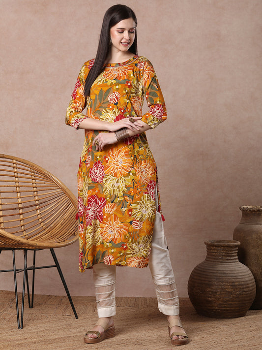 Abstract Floral Foil Printed Straight Fit Kurta - Mustard