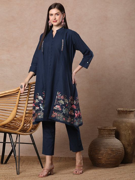 Solid A-line Kurta with Flora & Fauna Zari Threadwork Embroidered Jacket & Pant - Blue