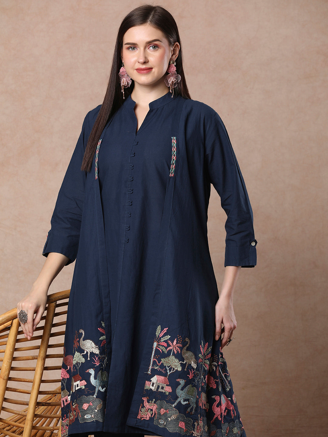 Solid A-line Kurta with Flora & Fauna Zari Threadwork Embroidered Jacket & Pant - Blue