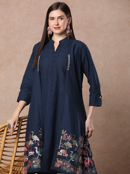 Solid A-line Kurta with Flora & Fauna Zari Threadwork Embroidered Jacket & Pant - Blue