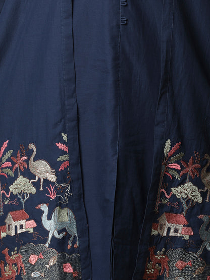 Solid A-line Kurta with Flora & Fauna Zari Threadwork Embroidered Jacket & Pant - Blue