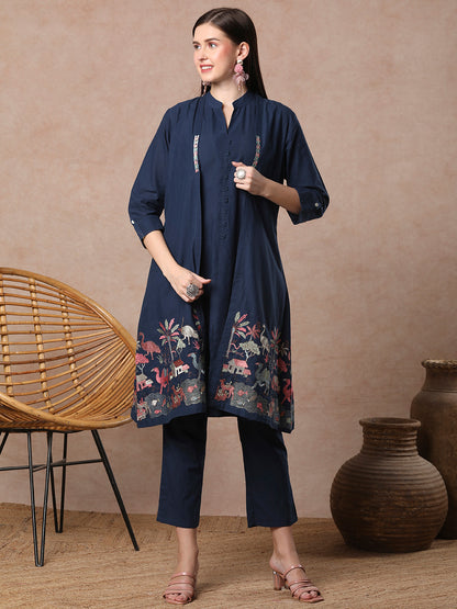 Solid A-line Kurta with Flora & Fauna Zari Threadwork Embroidered Jacket & Pant - Blue