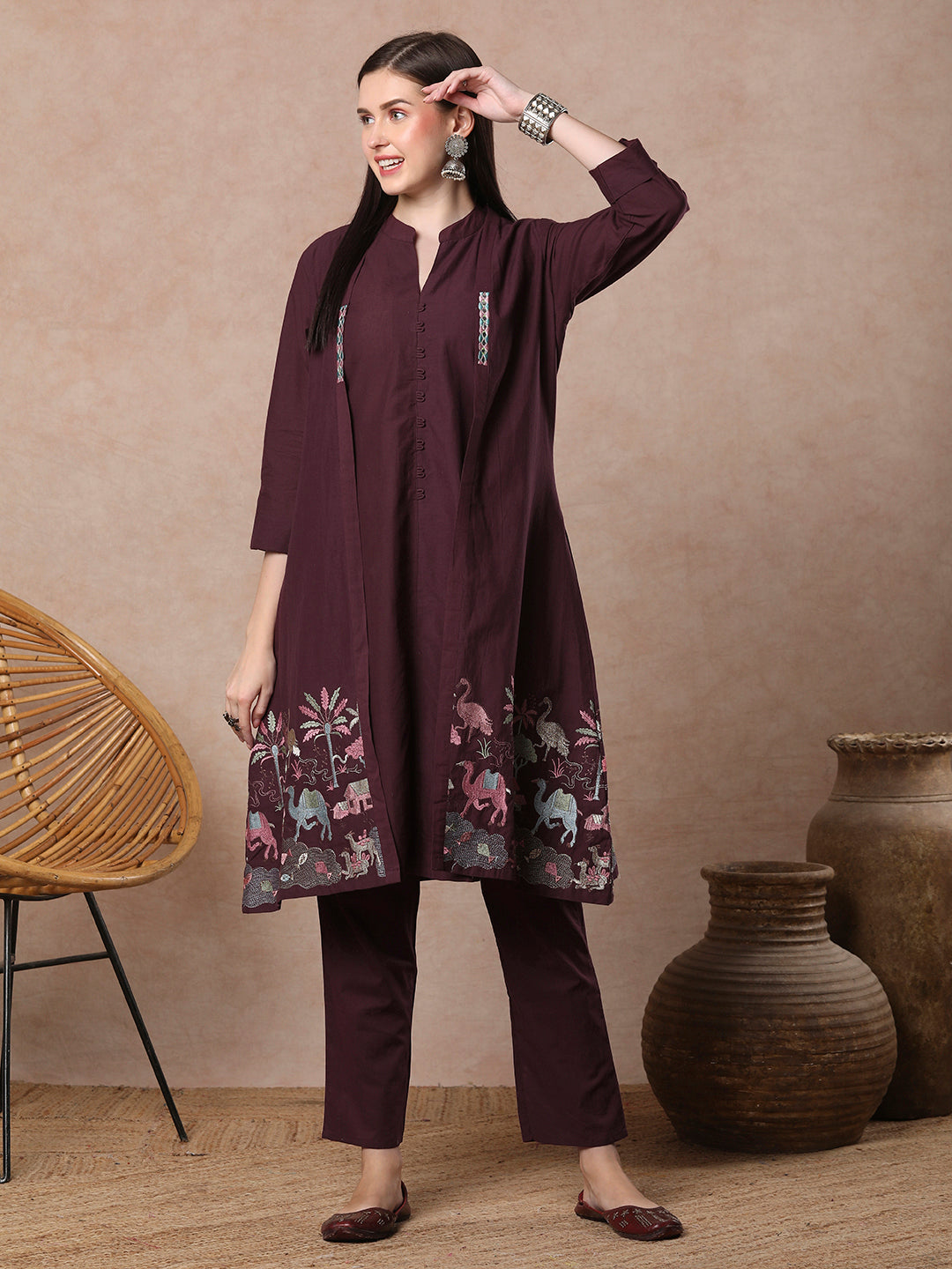 Solid A-line Kurta with Flora & Fauna Zari Threadwork Embroidered Jacket & Pant - Burgundy