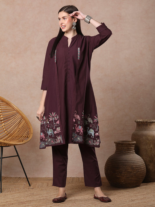Solid A-line Kurta with Flora & Fauna Zari Threadwork Embroidered Jacket & Pant - Burgundy