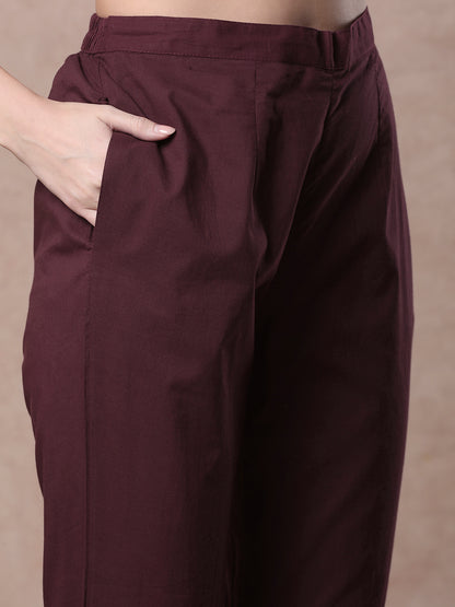 Solid A-line Kurta with Flora & Fauna Zari Threadwork Embroidered Jacket & Pant - Burgundy