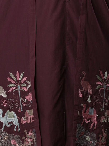 Solid A-line Kurta with Flora & Fauna Zari Threadwork Embroidered Jacket & Pant - Burgundy