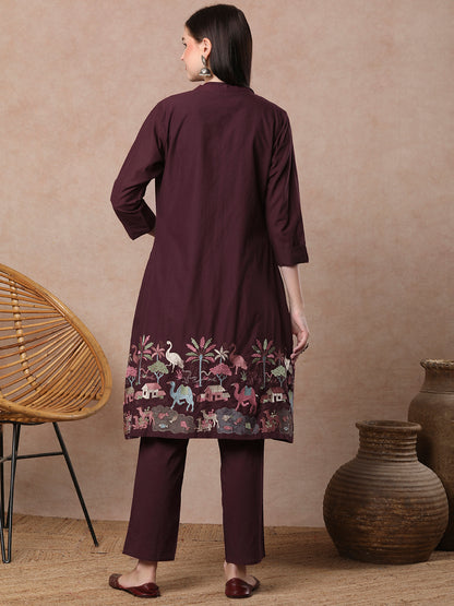Solid A-line Kurta with Flora & Fauna Zari Threadwork Embroidered Jacket & Pant - Burgundy