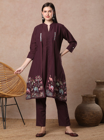 Solid A-line Kurta with Flora & Fauna Zari Threadwork Embroidered Jacket & Pant - Burgundy