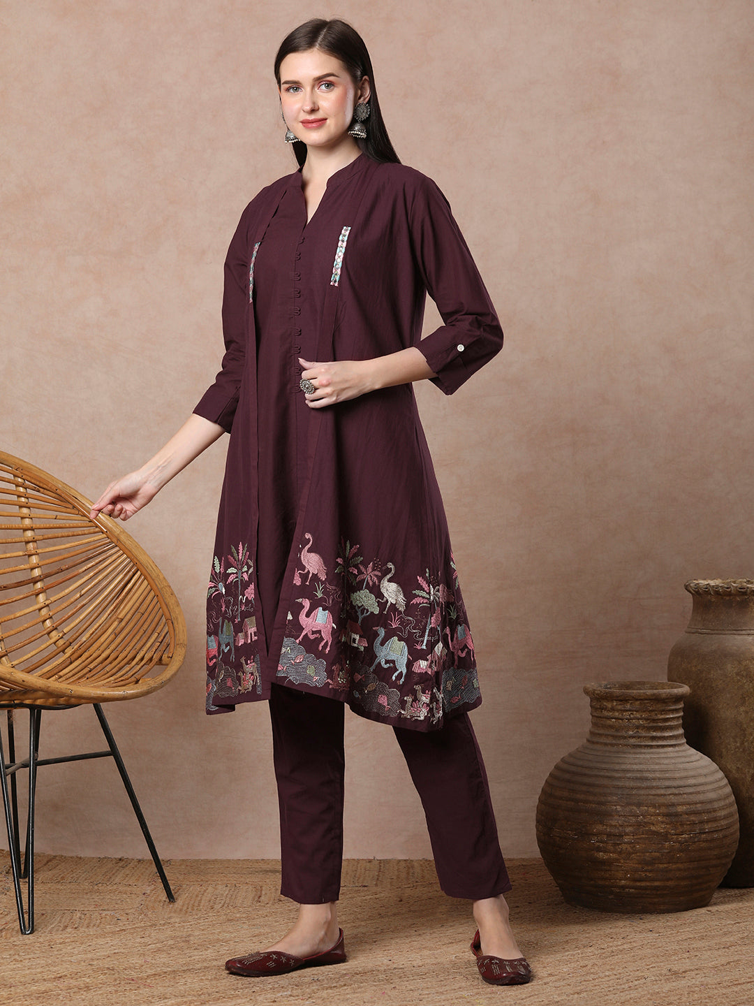 Solid A-line Kurta with Flora & Fauna Zari Threadwork Embroidered Jacket & Pant - Burgundy