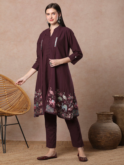 Solid A-line Kurta with Flora & Fauna Zari Threadwork Embroidered Jacket & Pant - Burgundy