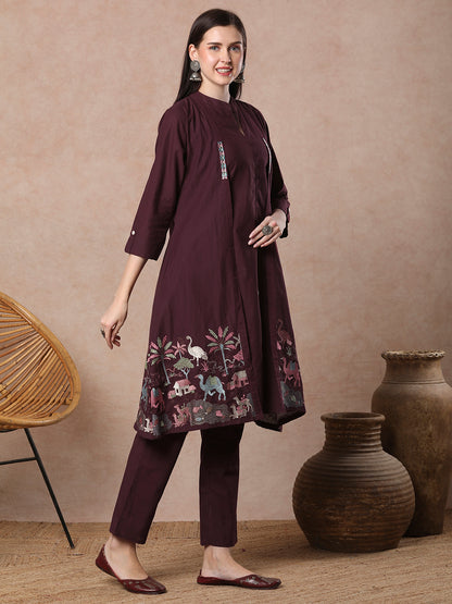 Solid A-line Kurta with Flora & Fauna Zari Threadwork Embroidered Jacket & Pant - Burgundy