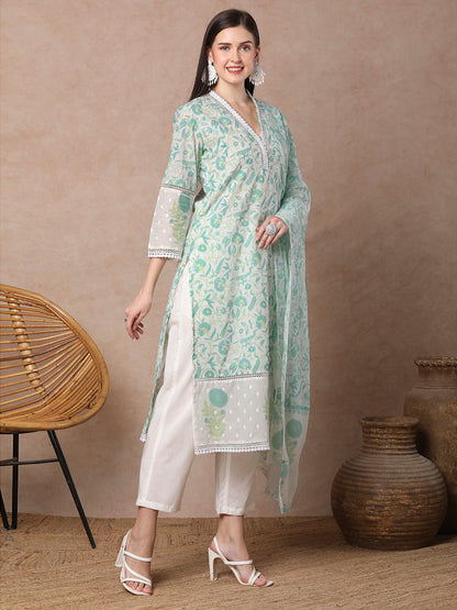 Ethnic Floral Printed Straight Fit Kurta with Pant and Dupatta - White