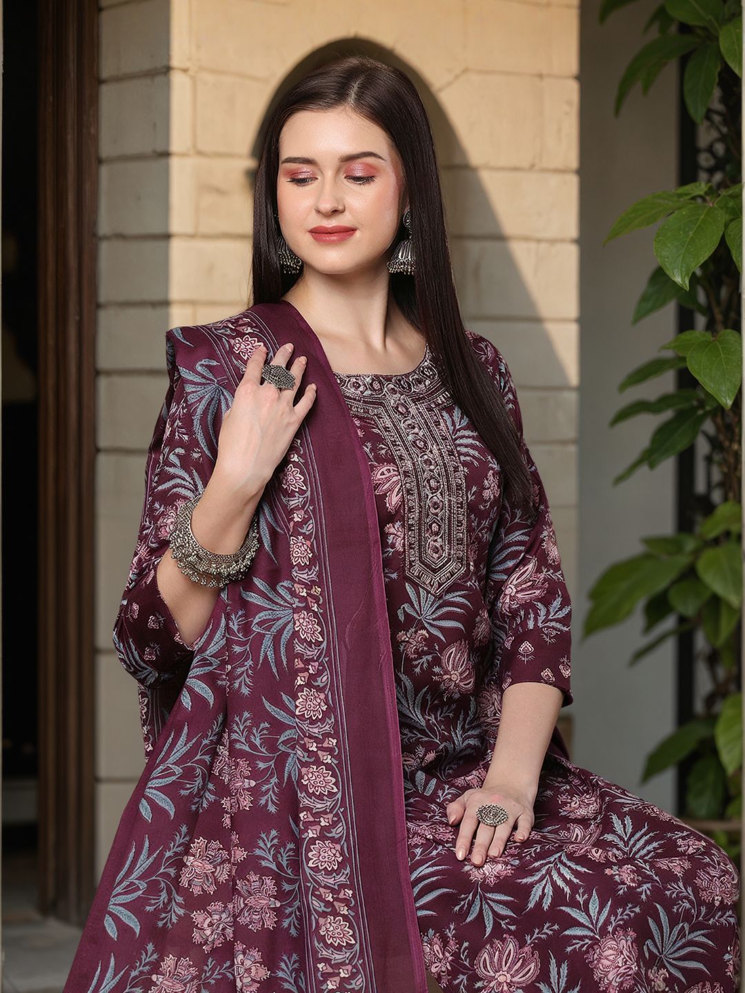 Floral Printed & Embroidered Straight Fit Kurta with Pant & Dupatta - Burgundy