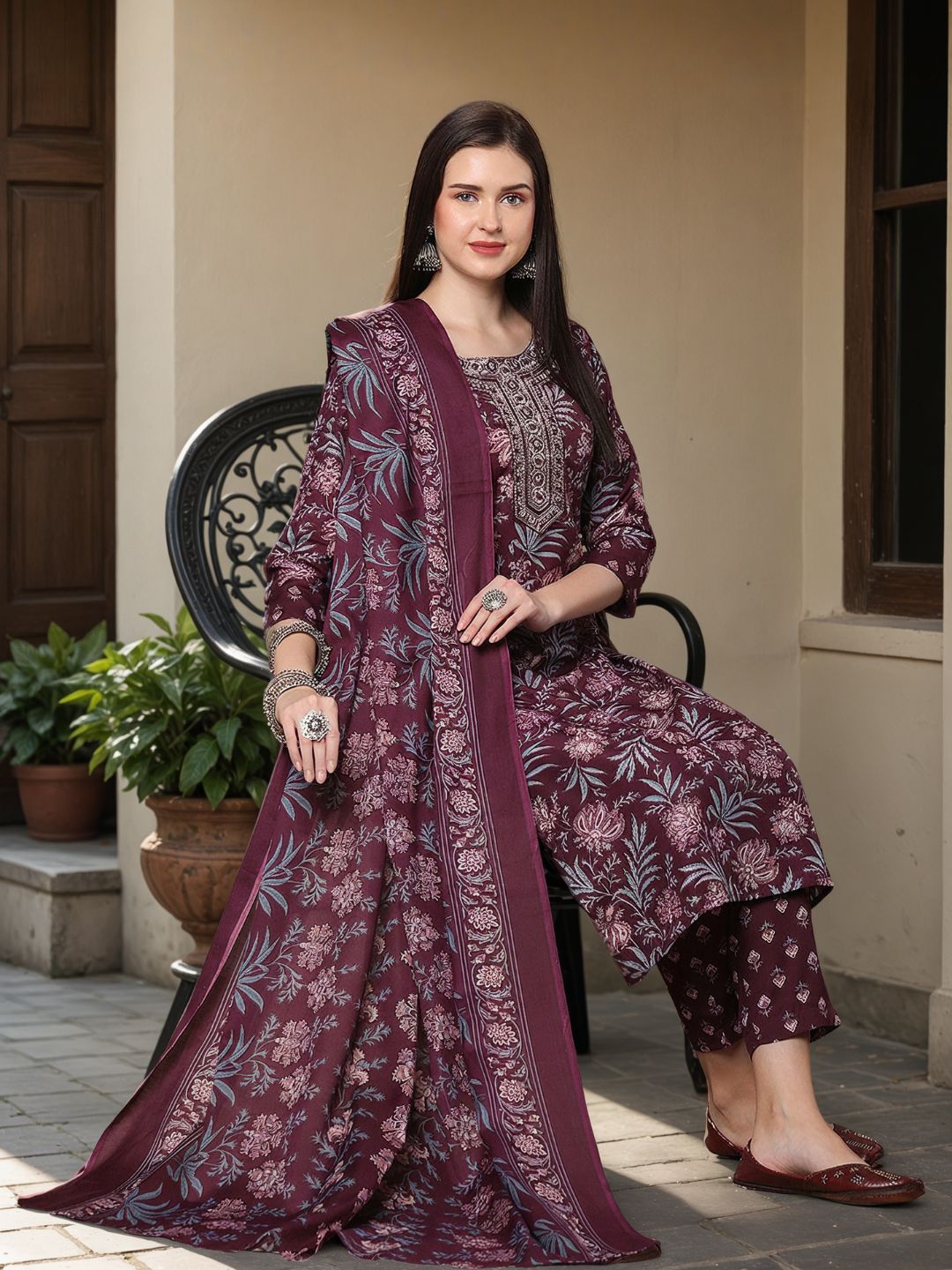 Floral Printed & Embroidered Straight Fit Kurta with Pant & Dupatta - Burgundy