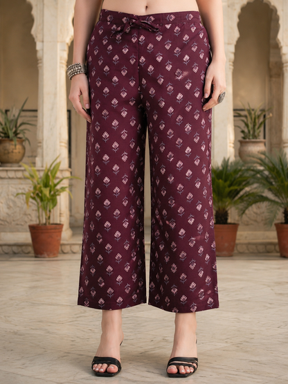 Floral Printed & Embroidered Straight Fit Kurta with Pant & Dupatta - Burgundy