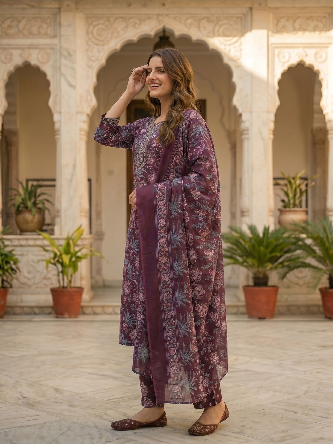 Floral Printed & Embroidered Straight Fit Kurta with Pant & Dupatta - Burgundy