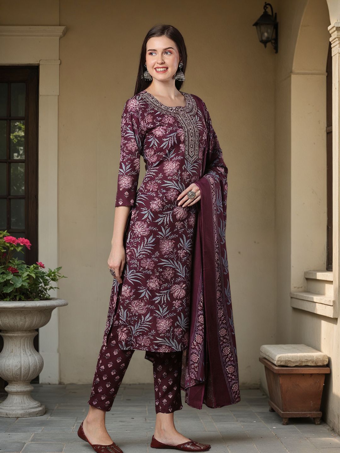 Floral Printed & Embroidered Straight Fit Kurta with Pant & Dupatta - Burgundy