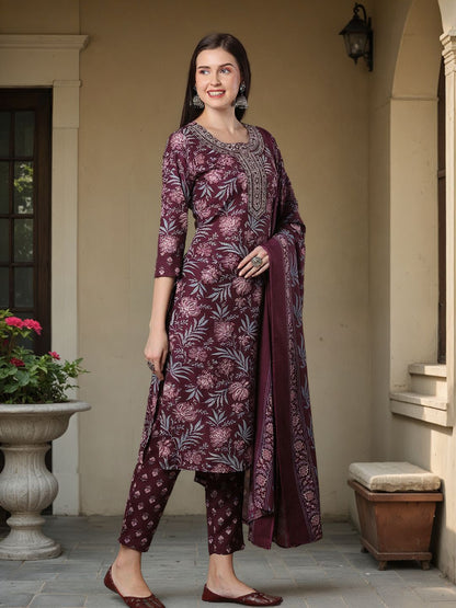 Floral Printed & Embroidered Straight Fit Kurta with Pant & Dupatta - Burgundy