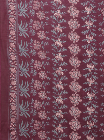 Floral Printed & Embroidered Straight Fit Kurta with Pant & Dupatta - Burgundy