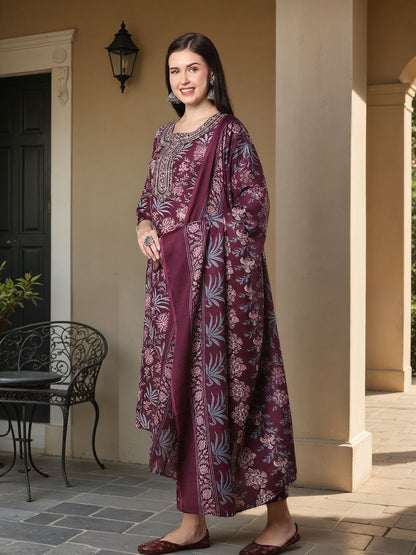 Floral Printed & Embroidered Straight Fit Kurta with Pant & Dupatta - Burgundy