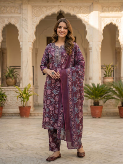 Floral Printed & Embroidered Straight Fit Kurta with Pant & Dupatta - Burgundy